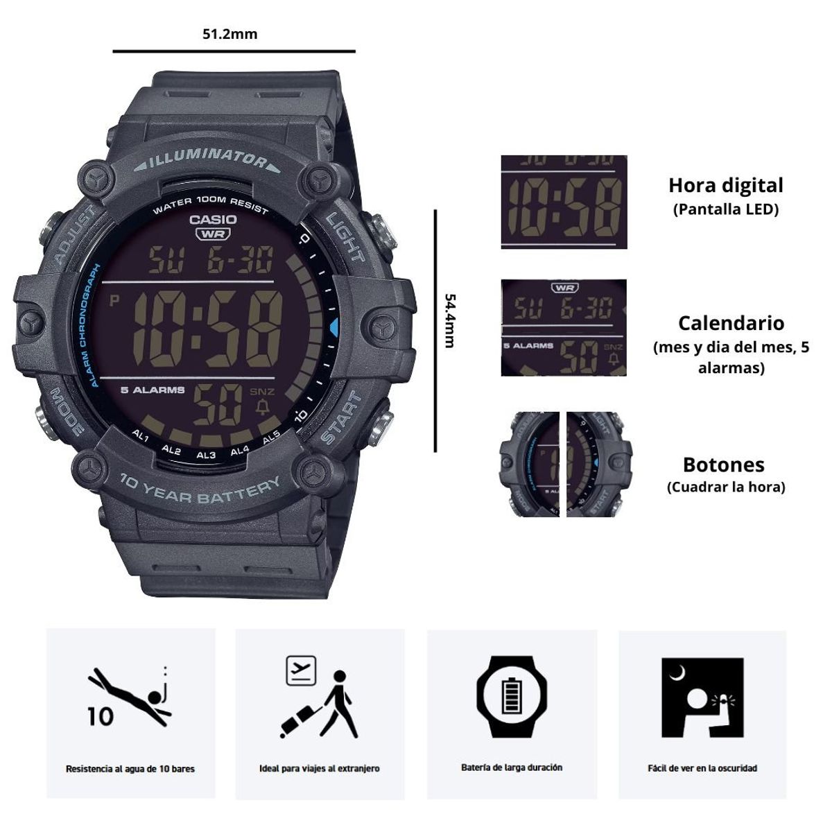 CASIO - Reloj Casio Modelo AE-1500WH-8B Diseño Deportivo