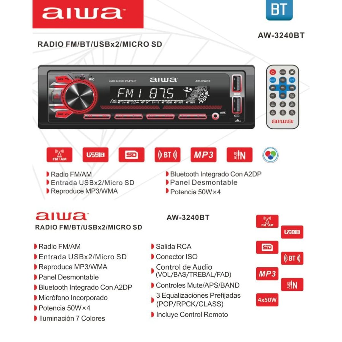 AIWA - Radio Carro APP Bluetooth USB AUX 7 Colores Desmontable Aiwa AW-3240BT