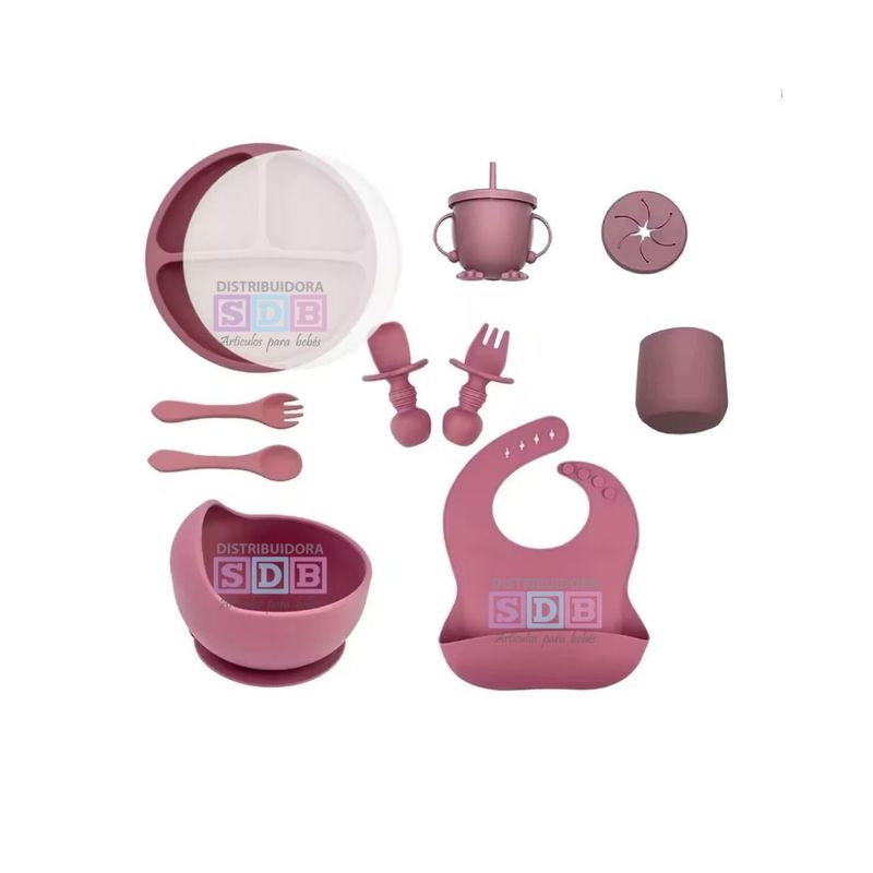 FRAGOLA KIDS - Kit Alimentación Vajilla Silicona Bebe Rosa 12 Pzas Con Tapa