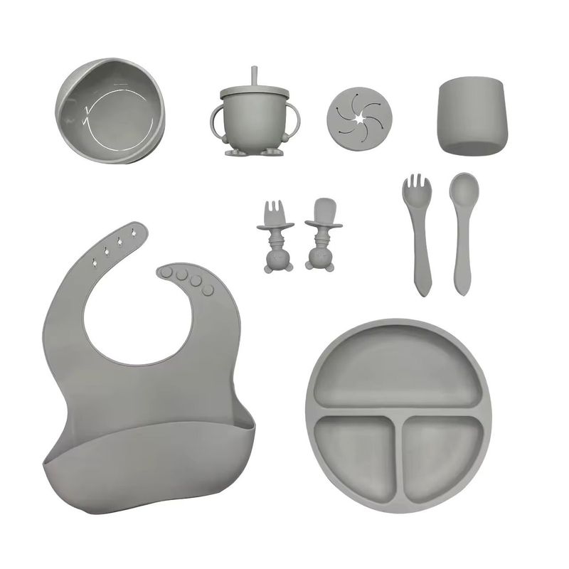 FRAGOLA KIDS - Kit Alimentación Vajilla Silicona Bebe 12 Pzas Con Tapa Gris