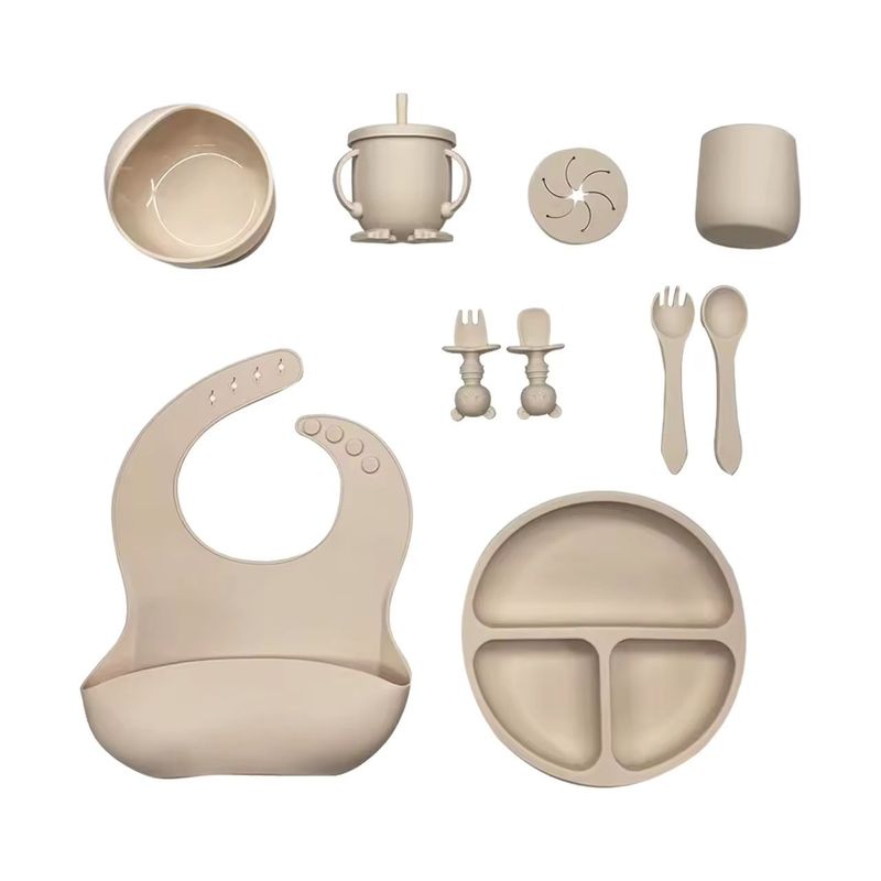 FRAGOLA KIDS - Kit Alimentación Vajilla Silicona Bebe 12 Pzas Con Tapa Beige