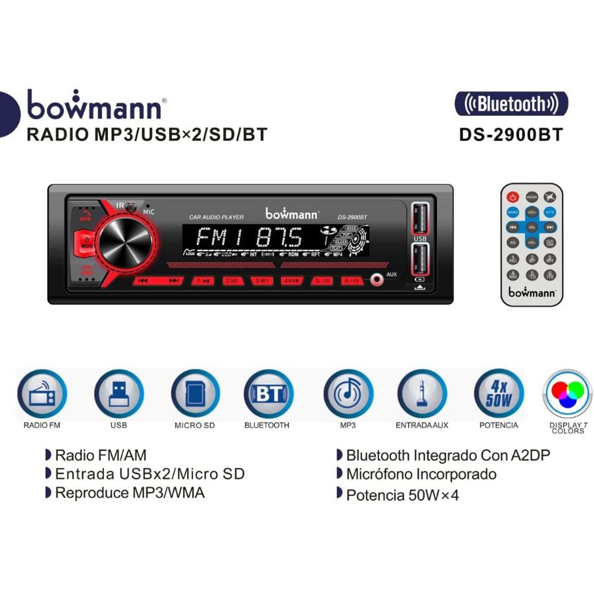 BOWMANN - Radio Carro APP Bluetooth Desmontable USB2 7 Colores Bowmann DS-2900BT