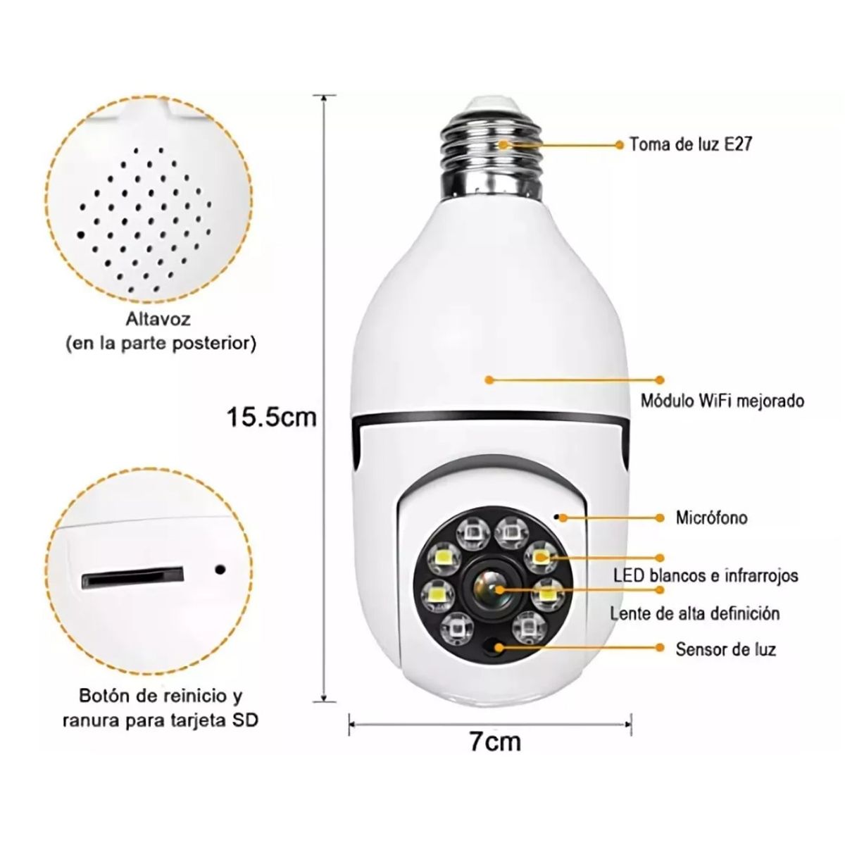 GENERICO - Cámara Seguridad Robótica Bombillo Wifi Giratoria 360° 1080p