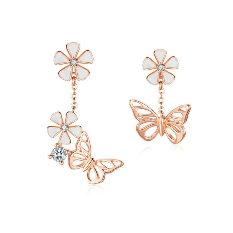 ALHAJAS - Aretes Elegantes Para Mujer Flores Y Mariposas Plata 925 Chapado Oro