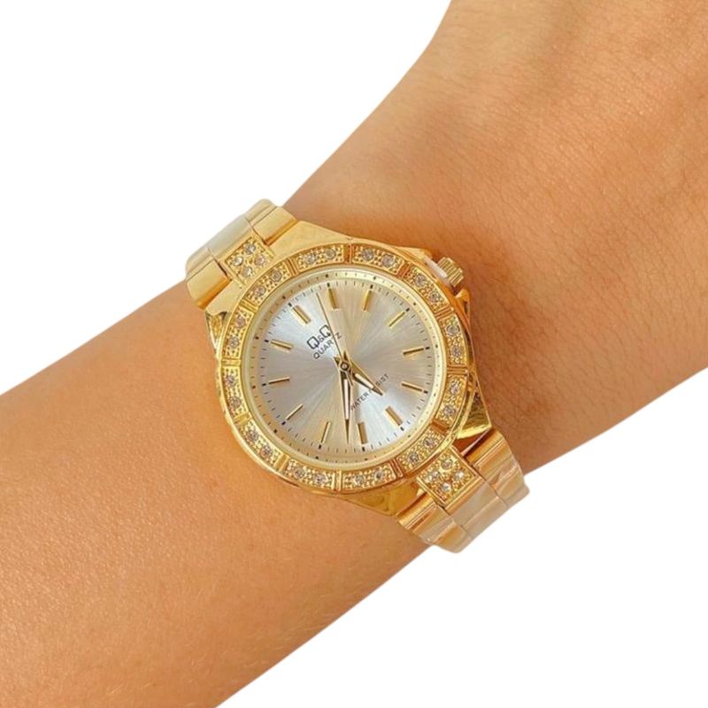 Q&Q - Reloj Q&Q Q985JO10 Dorado En Acero Inoxidable Original + Caja