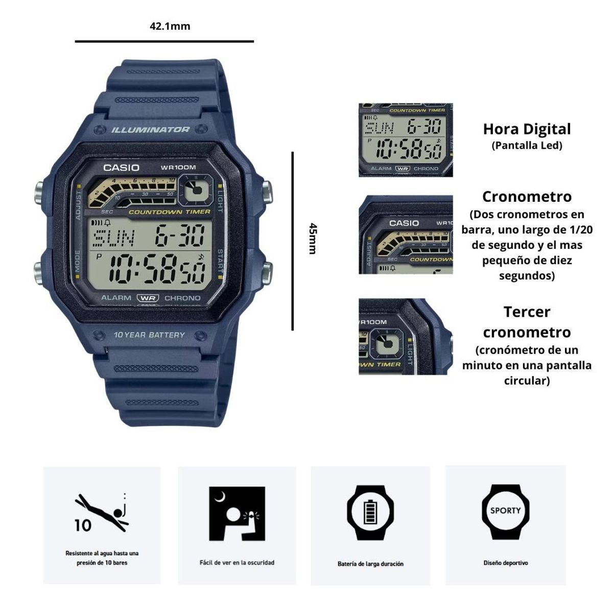 CASIO - Reloj Casio WS-1600H-2A Diseño Deportivo