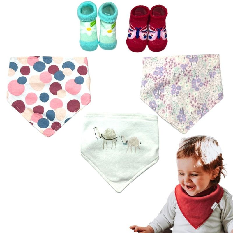 GENERICO - Baberos Para Bebes Bandana 100% Algodón Set 3 Pcs + 2 Medias
