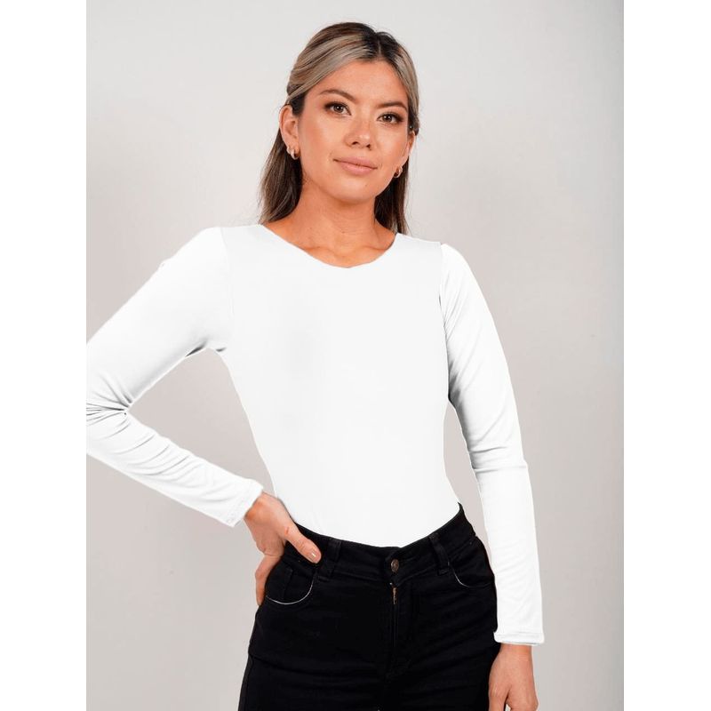 MOLGOA - Body para Mujer Blanco Cuello Redondo Manga Larga - Rebeca Blanco