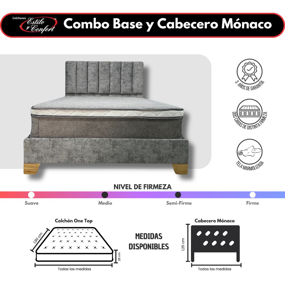 ESTILO Y CONFORT - Combo Semidoble 120x190 Basecama + cabecero+ Colchón Onetop