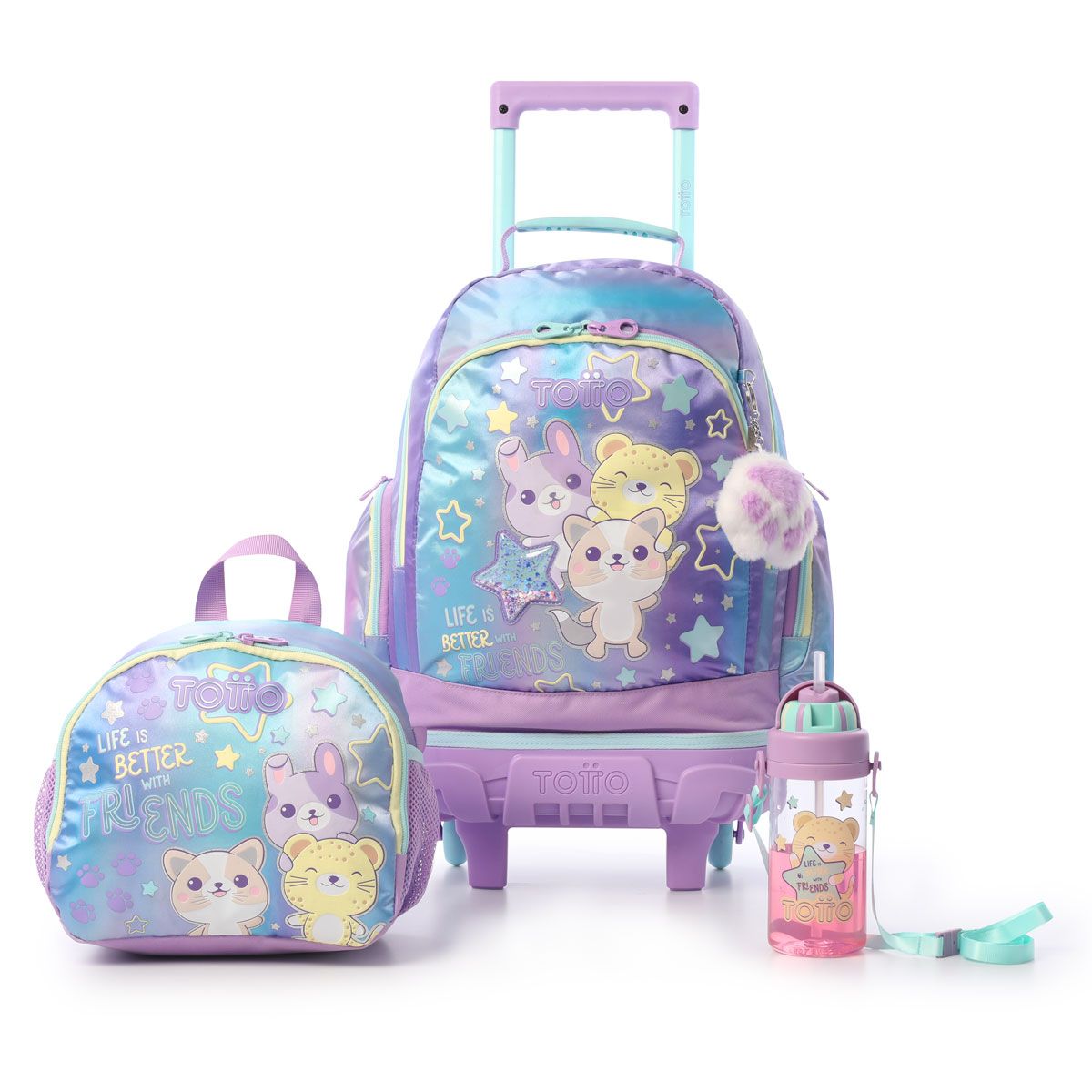 TOTTO - Combo Escolar Morral con Ruedas Friends + Lonchera y Botilito