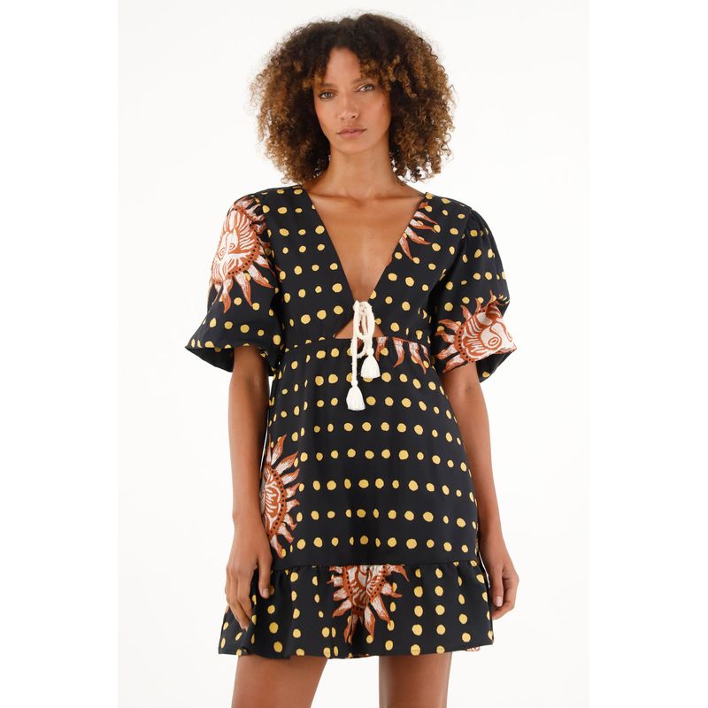TENNIS - Vestido negro estampado manga corta para mujer