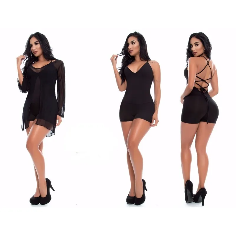 VIA7 - Conjunto de enterizo corto escote espalda y malla larga incluida