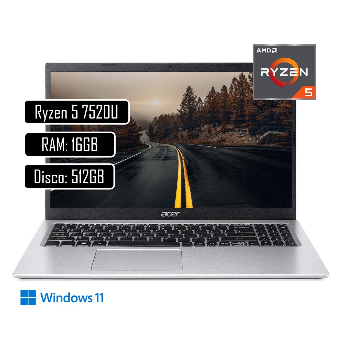 ACER - Portatil Acer A315 Ryzen 5 7520U - Ram 16GB DDR4 - SSD 512GB - 15.6 FHD - Win11.