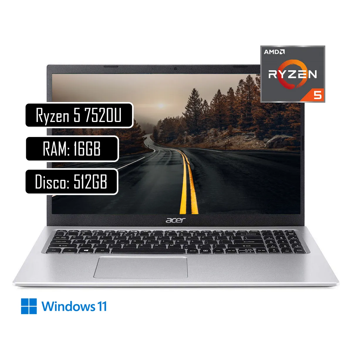 ACER - Portatil Acer A315 Ryzen 5 7520U - Ram 16GB DDR4 - SSD 512GB - 15.6 FHD - Win11.