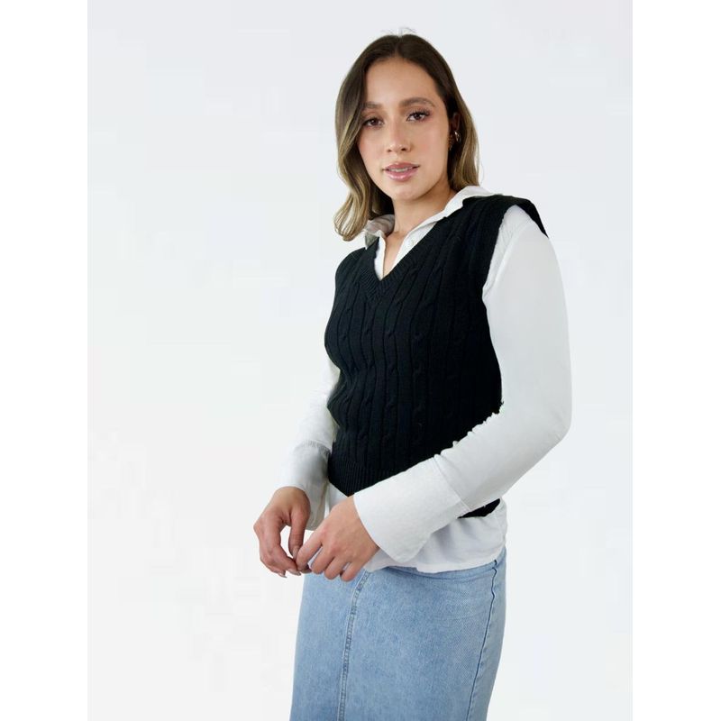 MOLGOA - Chaleco Tejido Cuello V Trenzado Para Mujer - The Eclectic