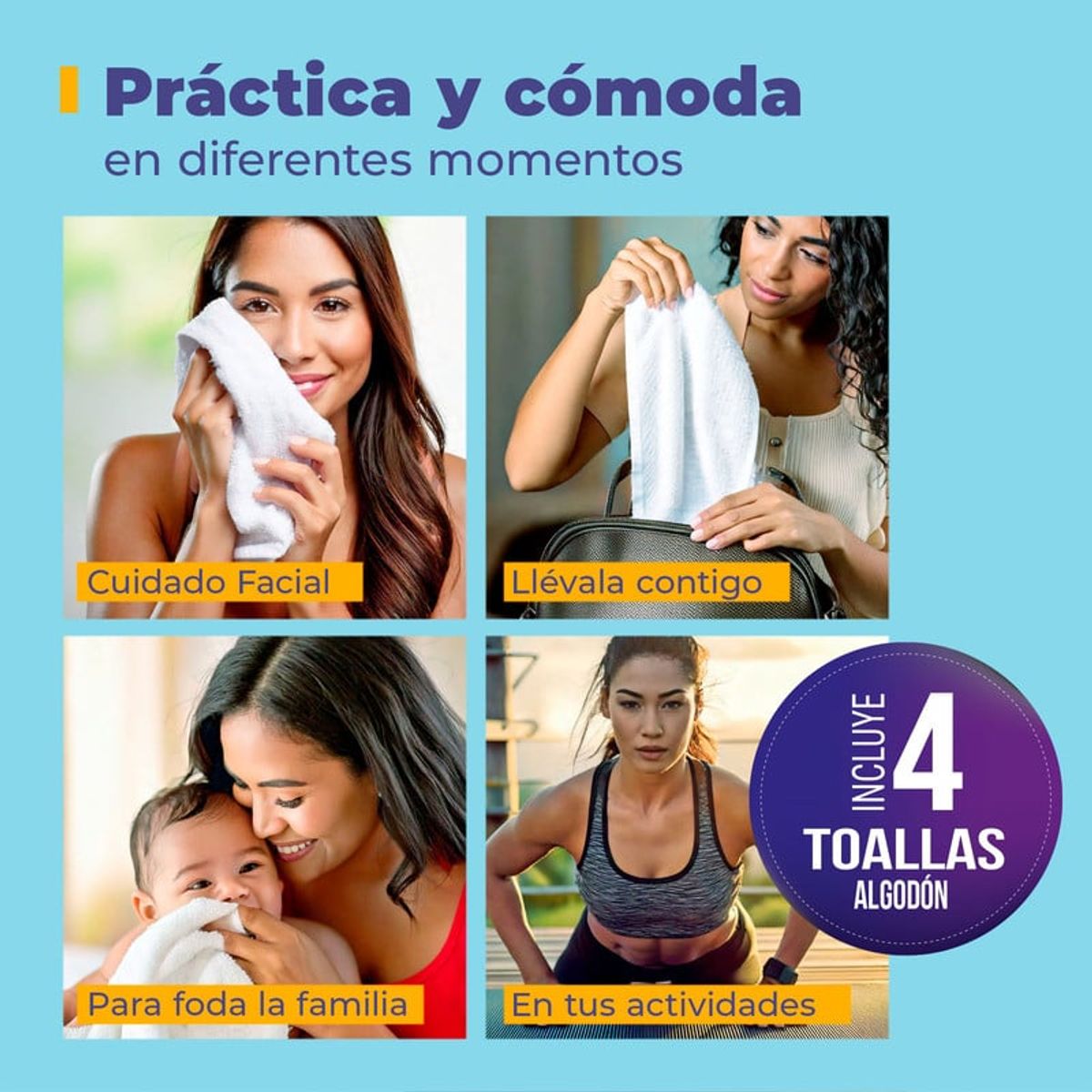 ENERGY PLUS - Set x4 Toalla de Mano Algodón Suavidad Alta Absorción Gym