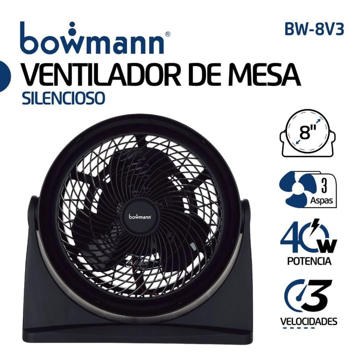 BOWMANN - Ventilador 2 en 1 Mesa Pared Silencioso 3 Aspas 40W 3V 8'' Bowmann