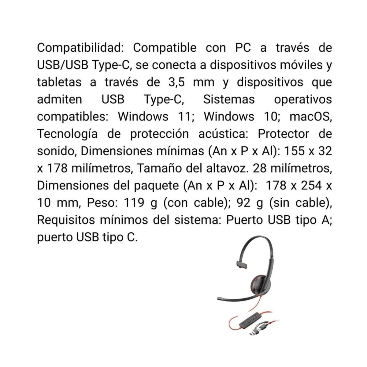 POLY - Diadema Poly Blackwire 3210 Monaural USB-C