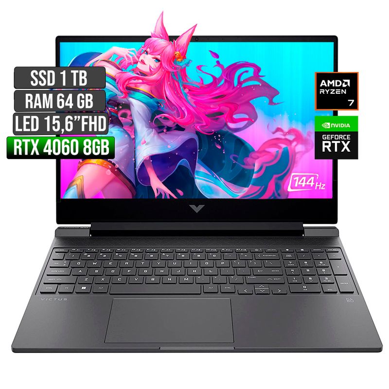 HP - HP VICTUS AMD RYZEN 7-8845HS RTX 4060 8GB SSD 1TB RAM 64GB LED 15,6" FHD 144Hz