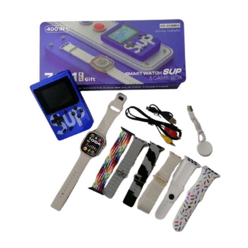 GENERICO - Combo Smartwatch 8 con 7 Manillas + Consola SUP AZUL con 400 juegos