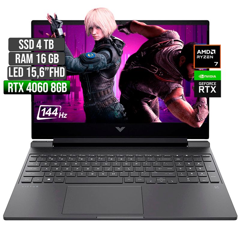 HP - Portátil Gamer HP Victus AMD Ryzen 7 RTX 4060 4TB SSD 16GB RAM 15.6" FHD 144Hz