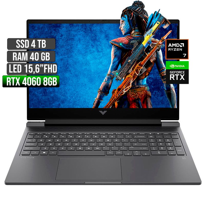 HP - Portátil Gamer HP Victus AMD Ryzen 7 RTX 4060 4TB 40GB 15-FB2000NR