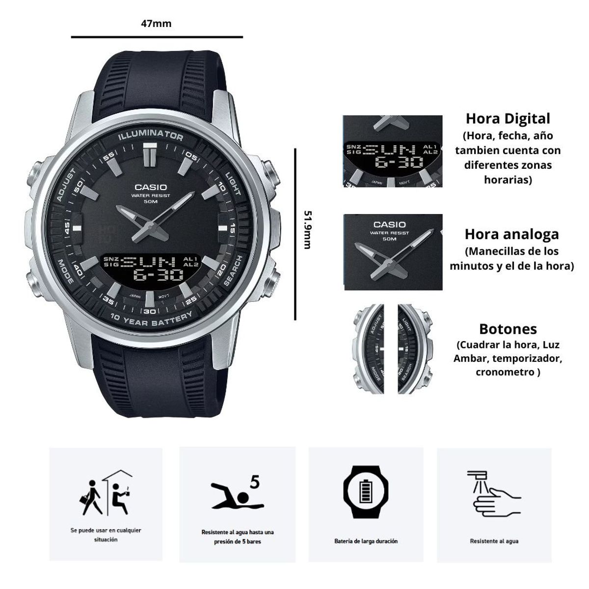 CASIO - Reloj Casio Caballero AMW-880-1A Análogo Digital - Elegante