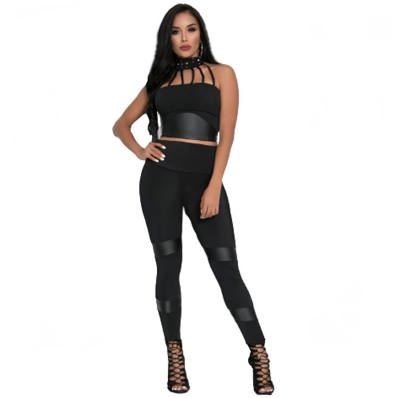 VIA7 - Conjunto de blusa corta y leggins pegado licra cuerina