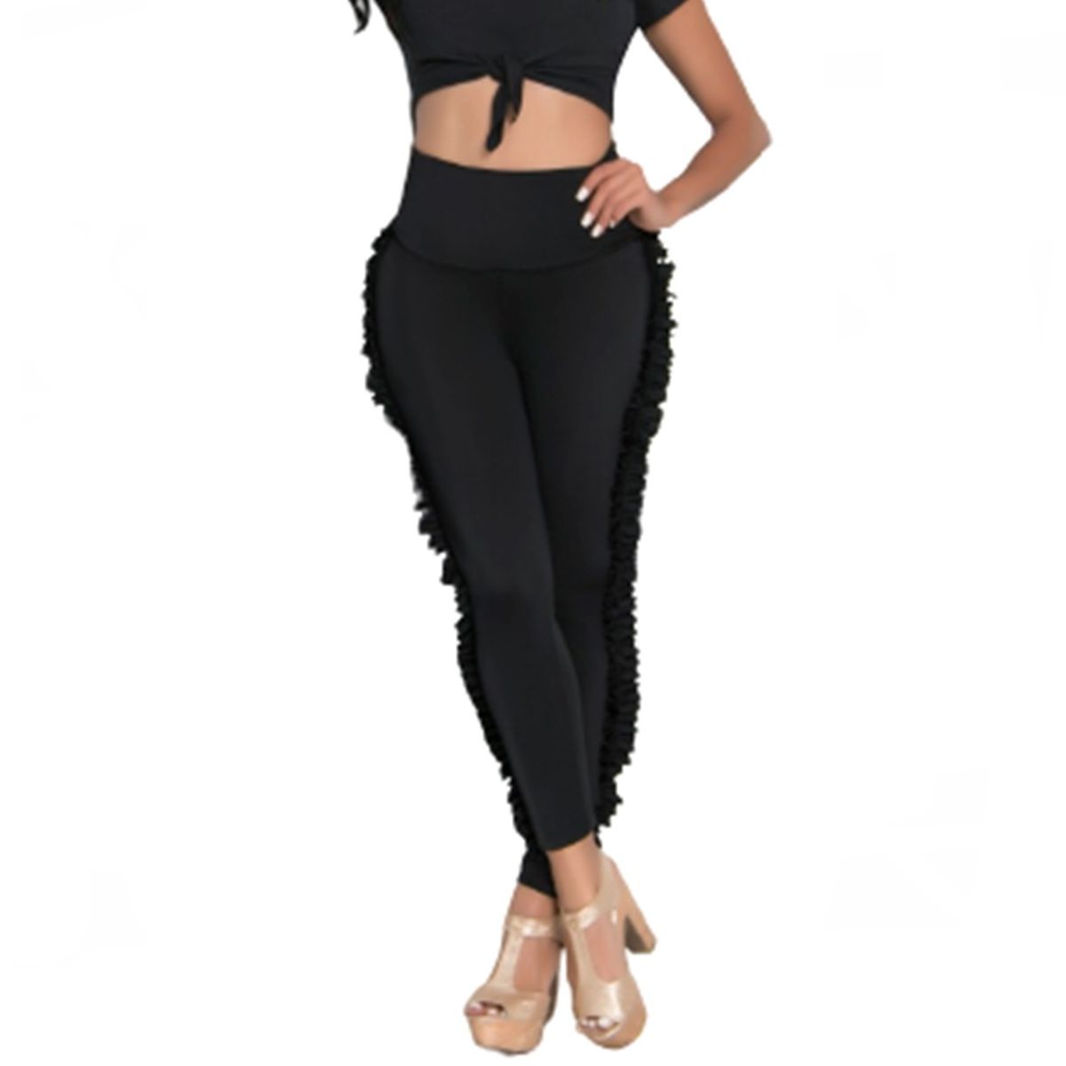 VIA7 - leggins pegado con flecos laterales piernas mujer