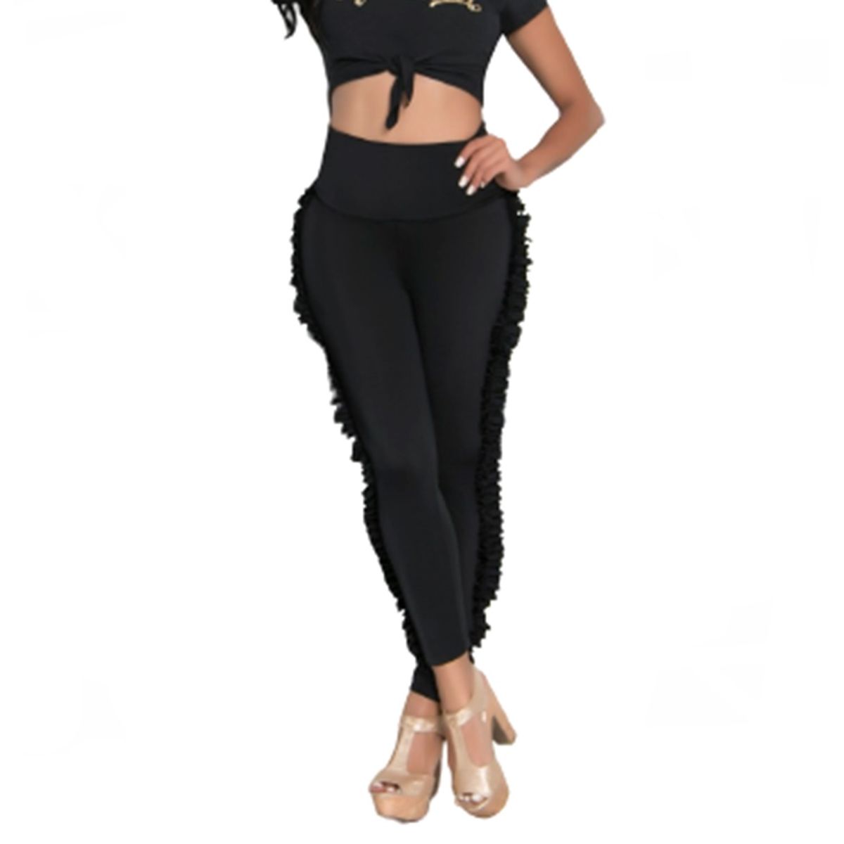 VIA7 - leggins pegado con flecos laterales piernas mujer