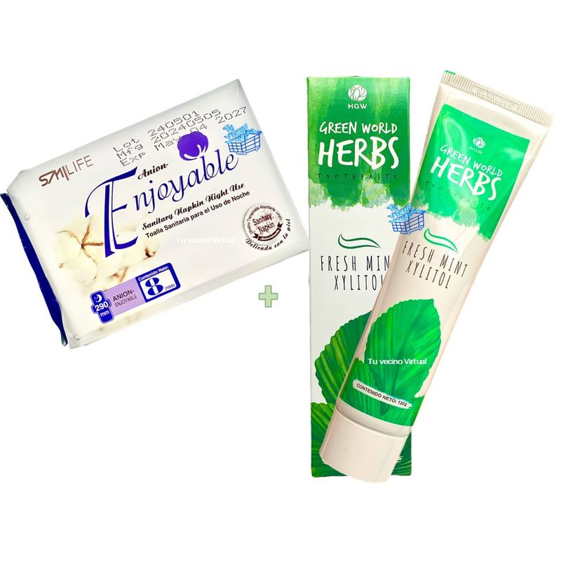 GENERICO - kit x2 Pasta Dental Herbal Natural y Toalla Nocturnas Hgw 8 Und Hgw