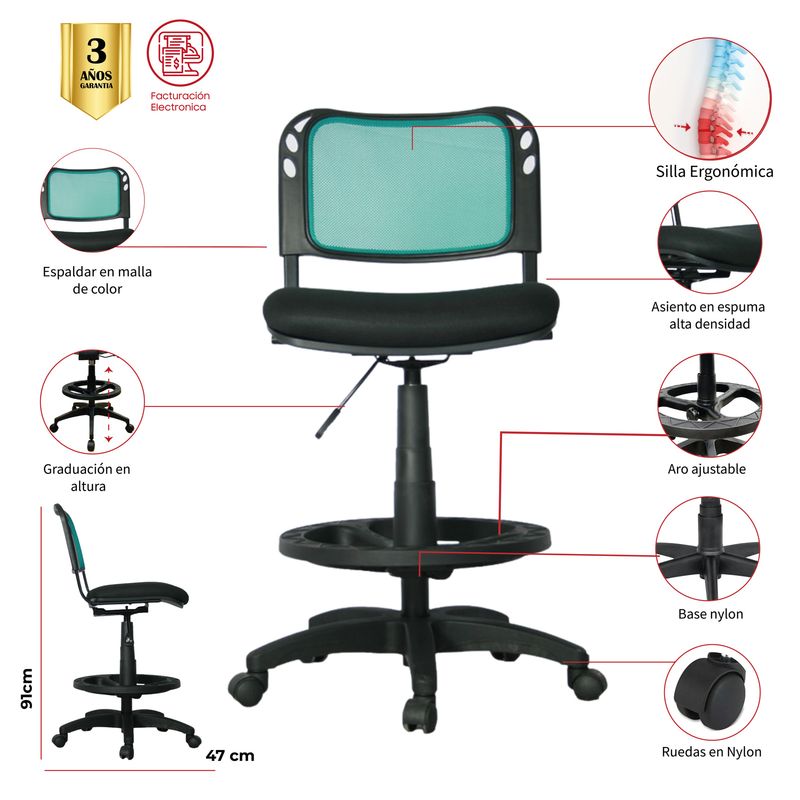 MUEBLESYA - Silla Isoceles Cajero Malla Base y Aro Nylon Sin Brazos