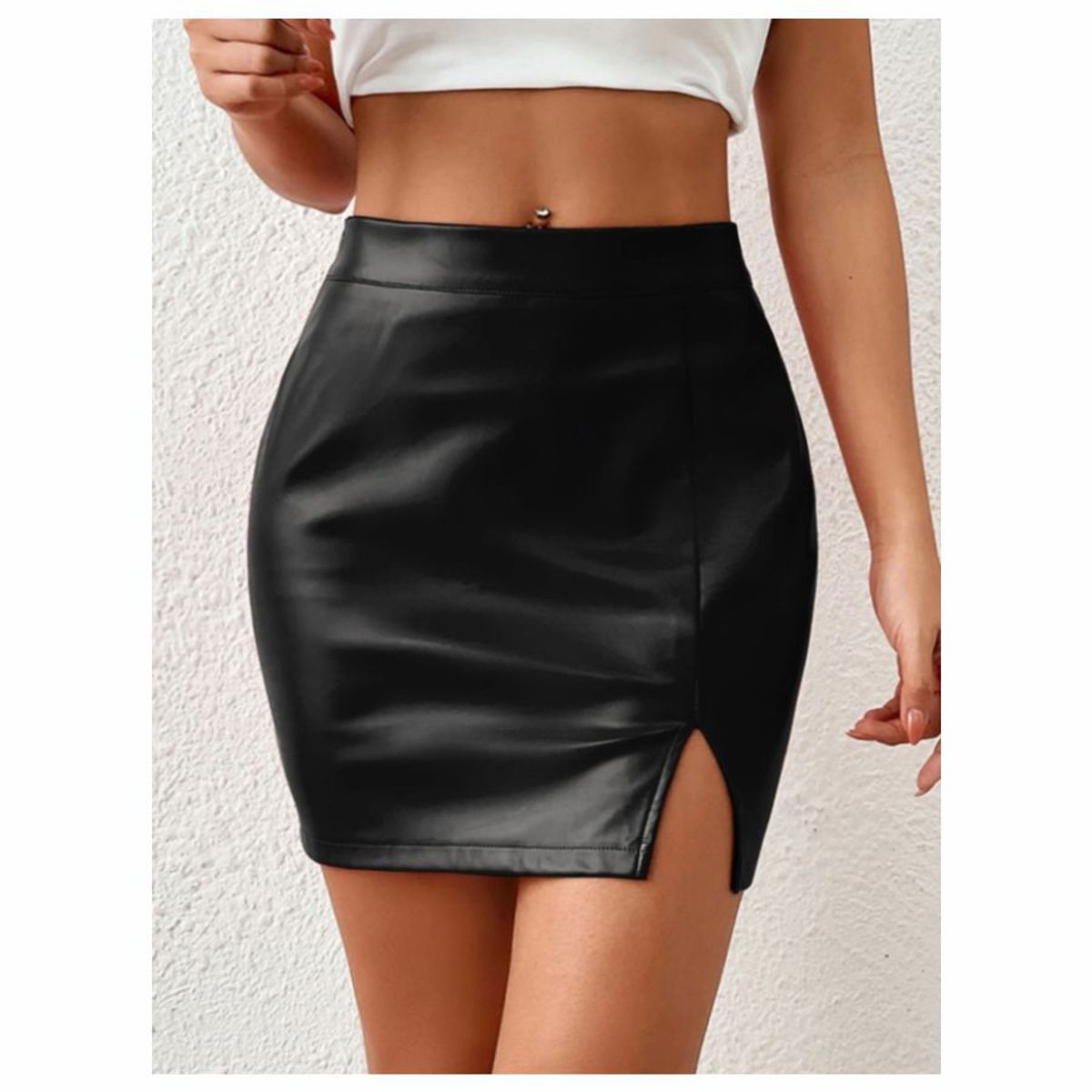 RAINBOW MODA - Falda Mujer Negra Corta Cuero Ajustada de Moda Abertura Adelante