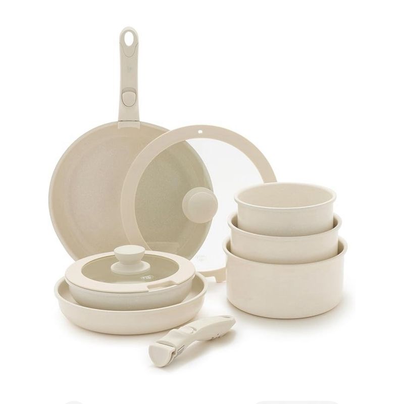 GENERICO - Set Juego Ollas 11 Piezas Granito Marmol Antiadherente Amazon Crema