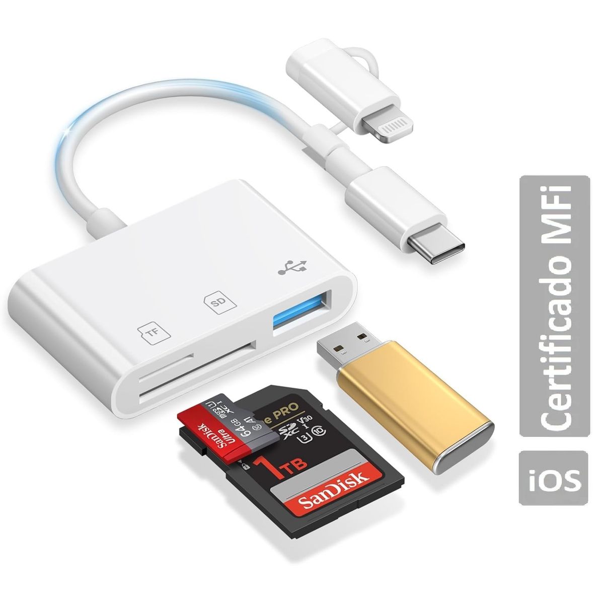 GENERICO - Lector De Memorias 3 En 1 Para Iphone 16 15 14 13 Usb Mcirosd Sd