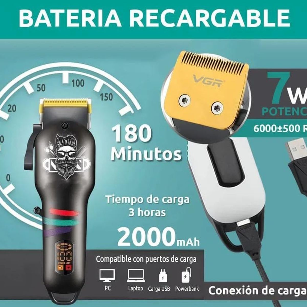 VGR - Cortadora de Pelo Profesional Recargable con Pantalla LED-VGR