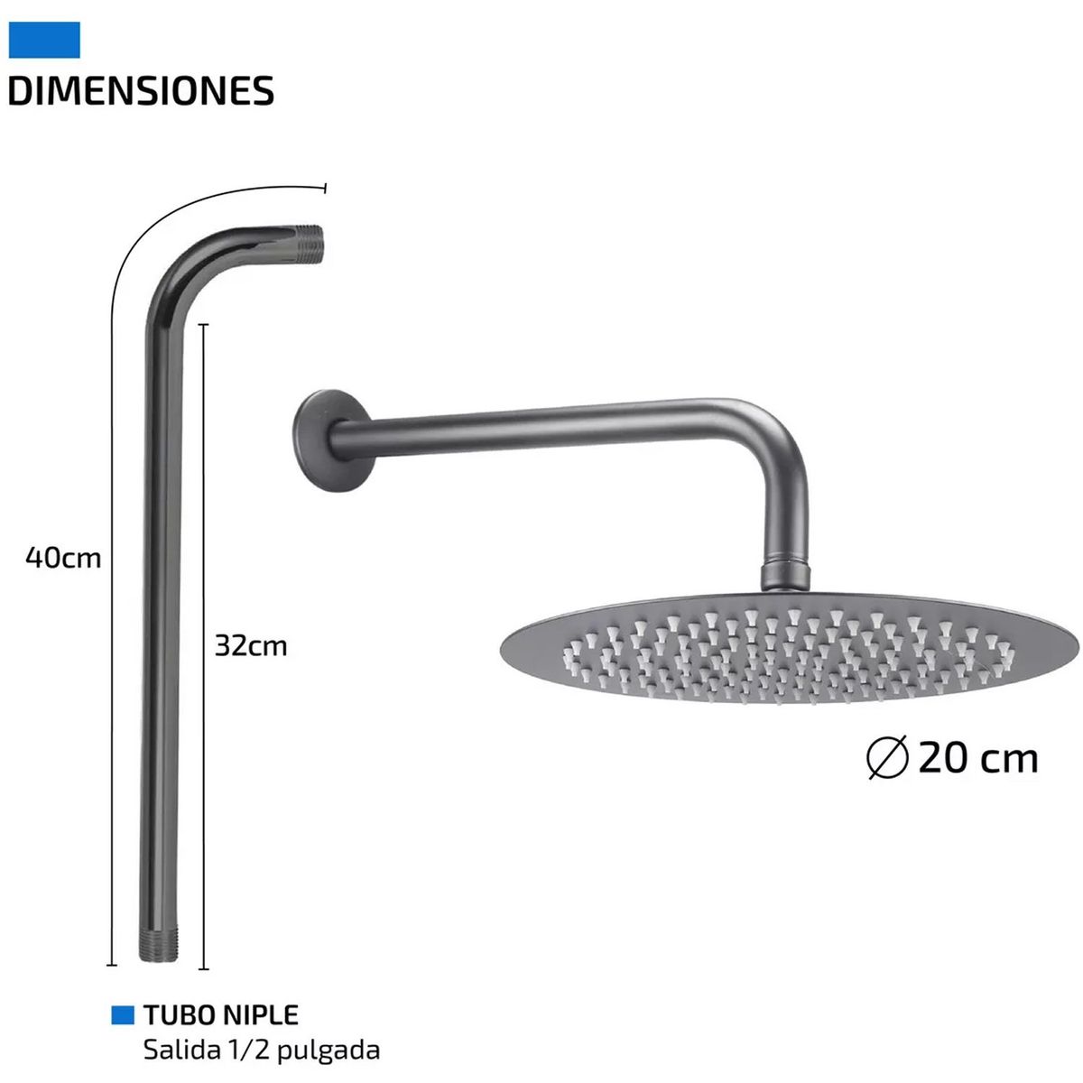 ONE PIXEL - Ducha Circular Acero Inoxidable 20x20 + Brazo Caño 38cm