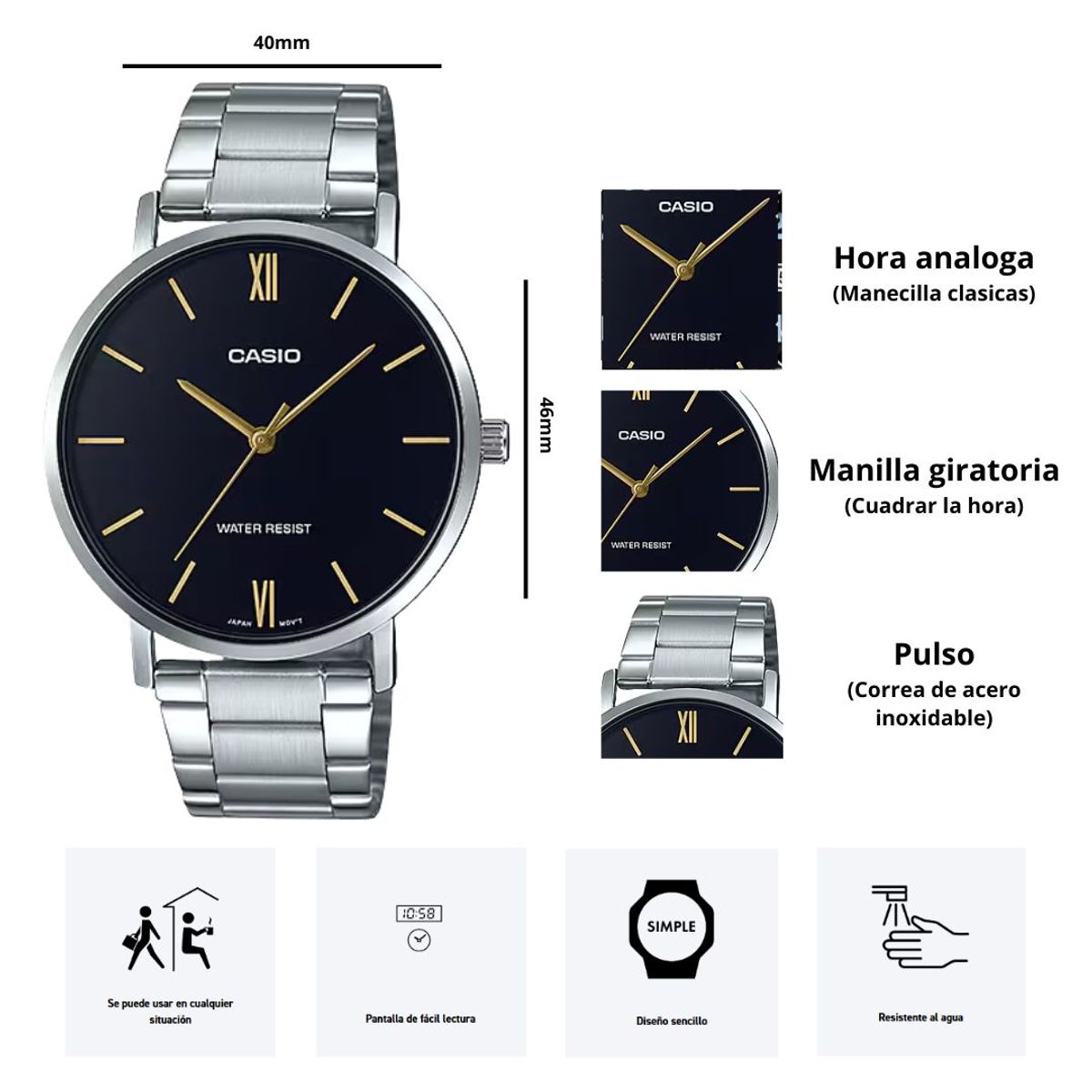 CASIO - Reloj Casio Modelo MTP-VT01D-1B Diseño Elegante