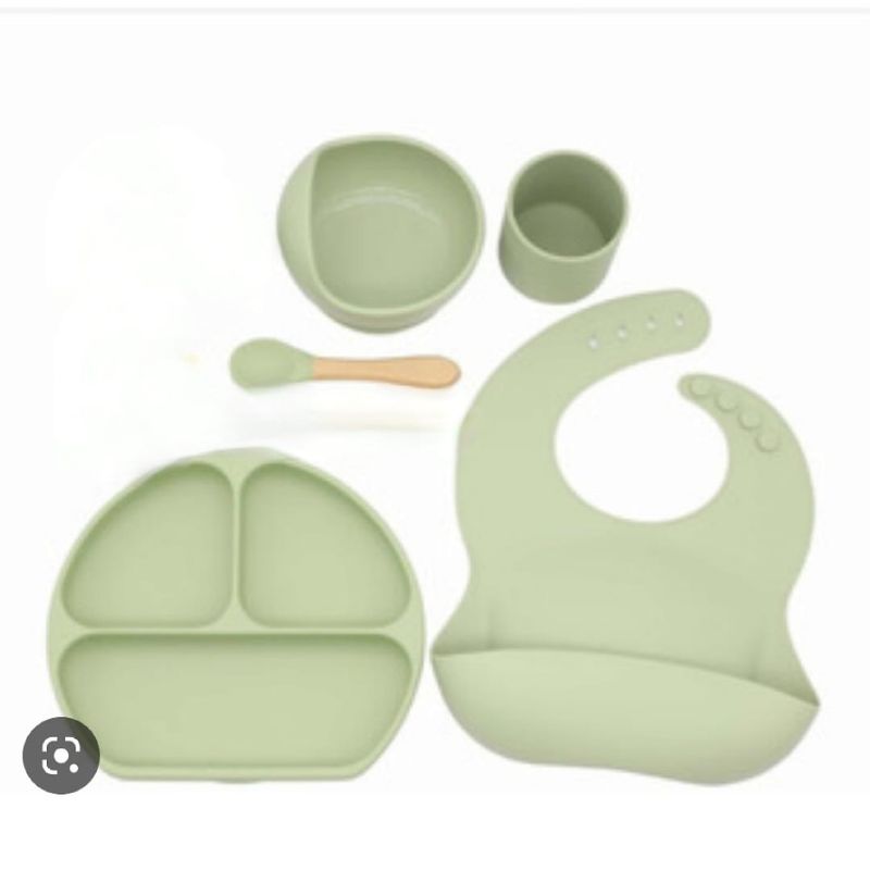 GENERICO - Vajillas para bebe con cuchara y vaso en silicona verde