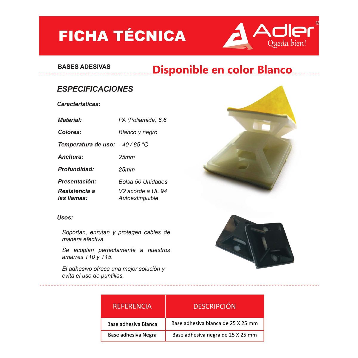 ADLER - Bases Adhesivas Ul 94, 25x25mm Por 50 Unidades Marca Adler (blanco).