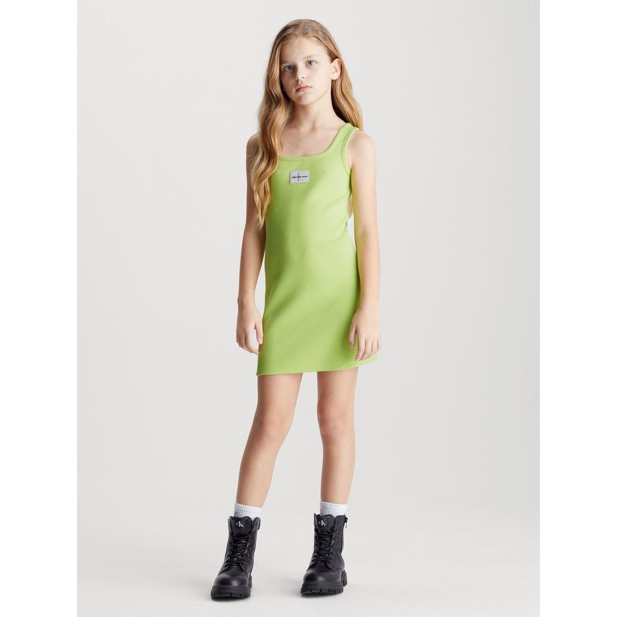 CALVIN KLEIN - Vestido verde de tirantes de canalé de algodón para niña Calvin Klein