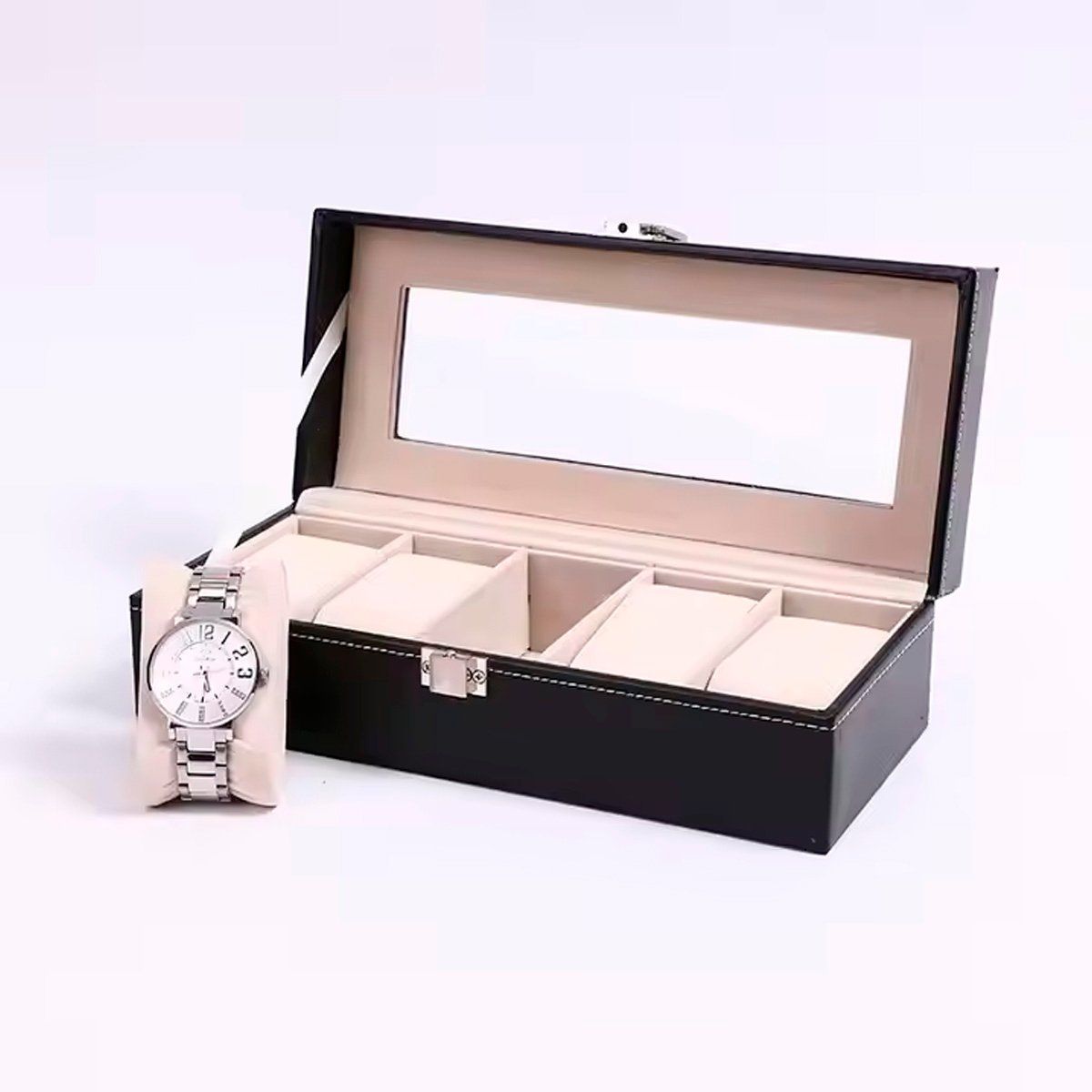 GENERICO - Caja Organizadora De 5 Relojes Tipo Cuero Negro