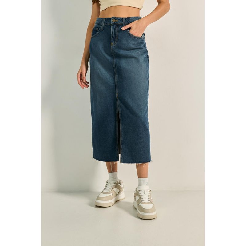 KOAJ - KOAJ Falda azul oscura larga de jean con abertura y tiro alto MUJER