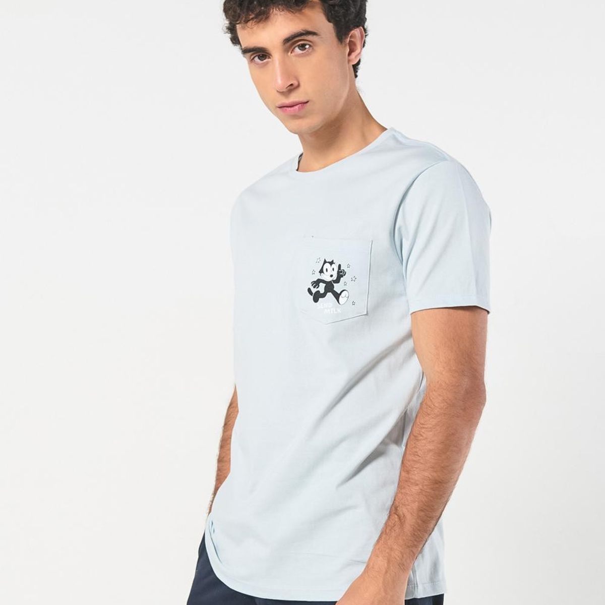 KOAJ - KOAJ Camiseta azul de Félix el gato con bolsillo y manga co Hombre
