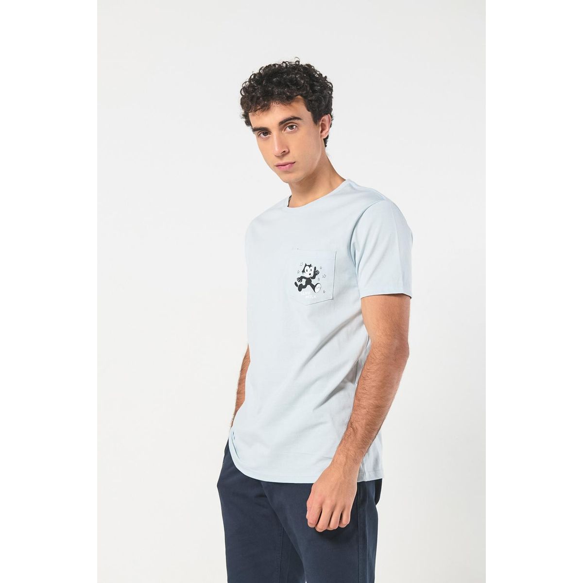 KOAJ - KOAJ Camiseta azul de Félix el gato con bolsillo y manga co Hombre