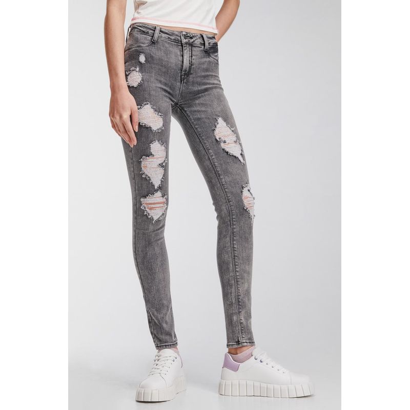 KOAJ - KOAJ Jean gris oscuro tipo jegging tiro alto con rotos en fren MUJER