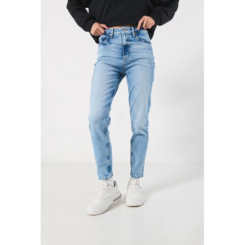 KOAJ - KOAJ Jean mom súper tiro alto azul con bota recta y desgastes MUJER