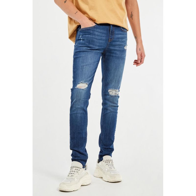 KOAJ - KOAJ Jean súper skinny azul oscuro con tiro bajo y rotos en fr HOMBRE