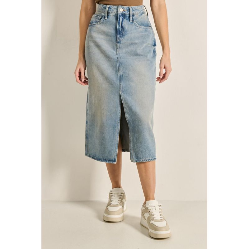 KOAJ - KOAJ Falda larga azul clara en jean para mujer cuenta con tiro MUJER