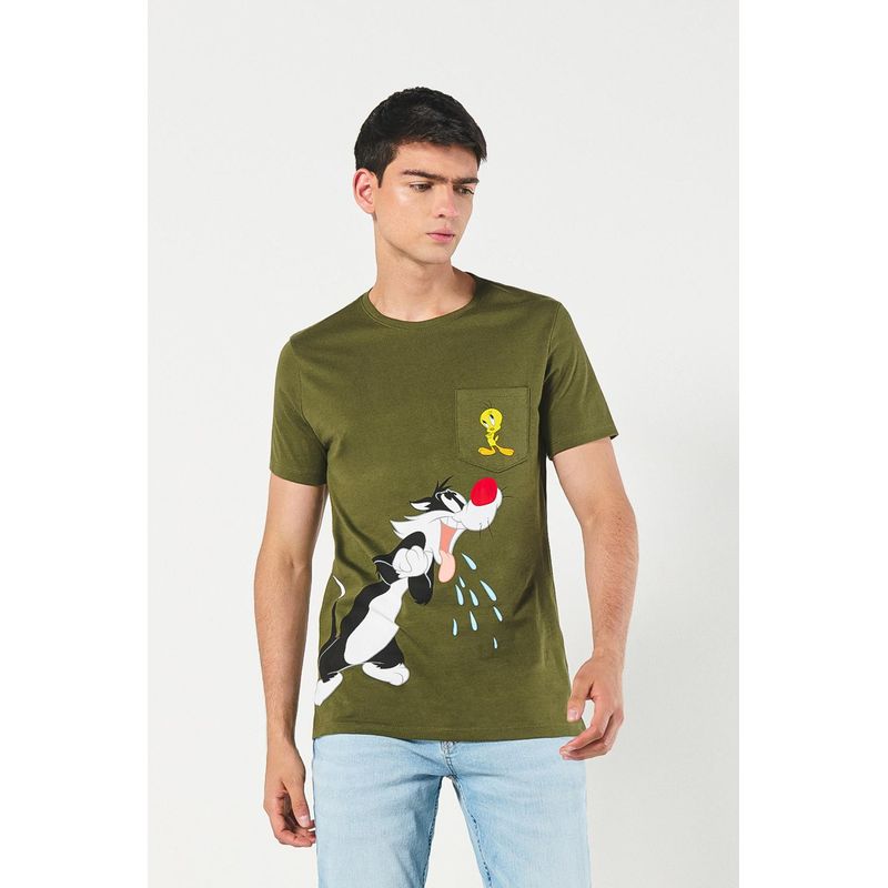KOAJ - KOAJ Camiseta verde de Looney Tunes con manga corta y bolsil